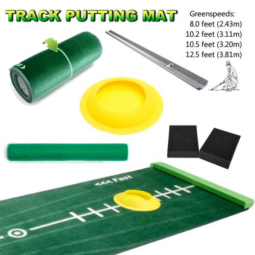 TRACK PUTTING MAT features the only path memory surface of its kind. check the trace the ball travelled on the putting mat. Practice alignment, straight line putting, practice breaking putts by creating slopes with a newspaper see the clearly visible results of the played golf ball. This great tracing putting green is designed to simulate different playing conditions, running at stimpmeter 12.5, 10.5, 10.2 & 8.0 feet for a realistic authentic feeling